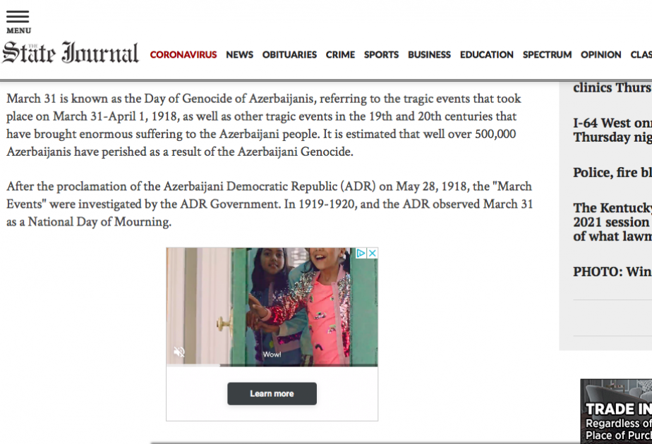 Artículos sobre el genocidio cometido por los armenios en Azerbaiyán se emiten en los medios estadounidenses