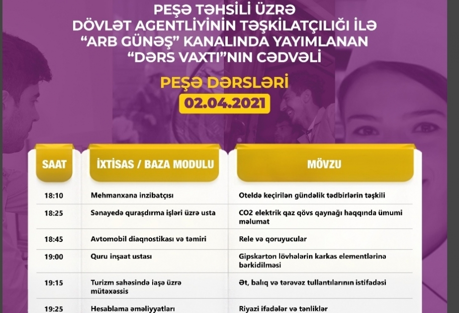 Peşə təhsili üzrə “Dərs vaxtı”nın aprelin 2-nə olan cədvəli