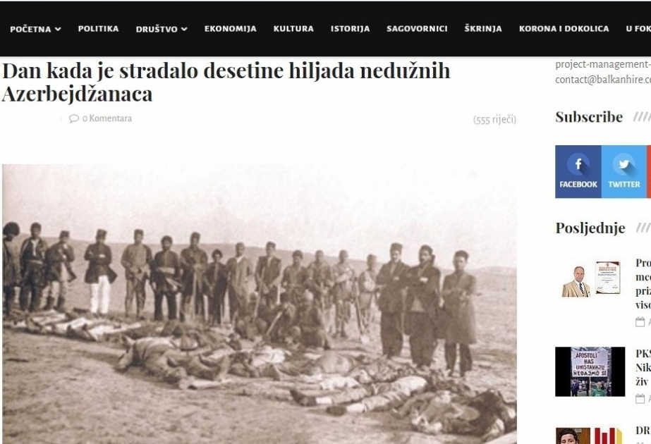 Monteneqro nəşrində azərbaycanlıların soyqırımı ilə bağlı məqalə dərc edilib