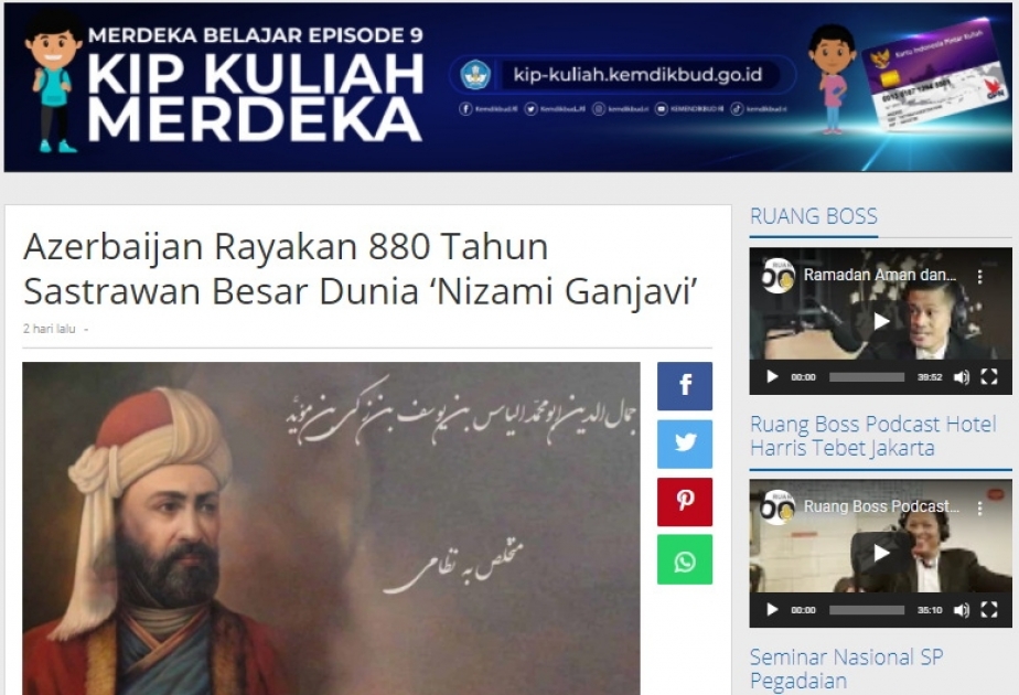 İndoneziya KİV-ləri dahi Azərbaycan şairi Nizami Gəncəvinin yaradıcılığına həsr olunmuş məqalə yayıb