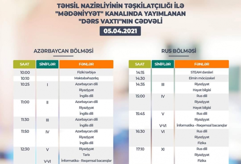 Teledərslərin bu günə olan cədvəli açıqlanıb