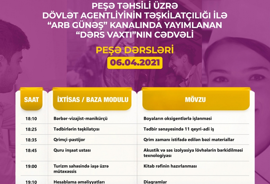 Peşə təhsili üzrə “Dərs vaxtı” proqramının cədvəli