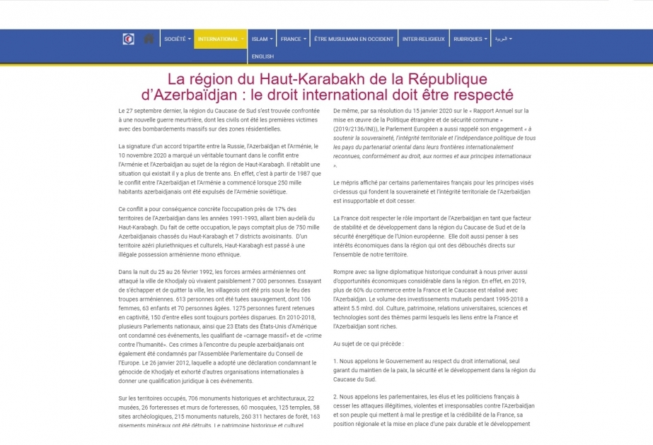 Fransız vəkillər Dağlıq Qarabağda beynəlxalq hüquqa riayət olunmasını tələb edirlər