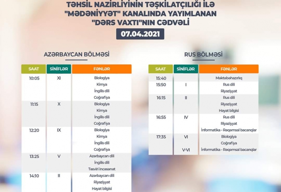 Teledərslərin bu günə olan cədvəli