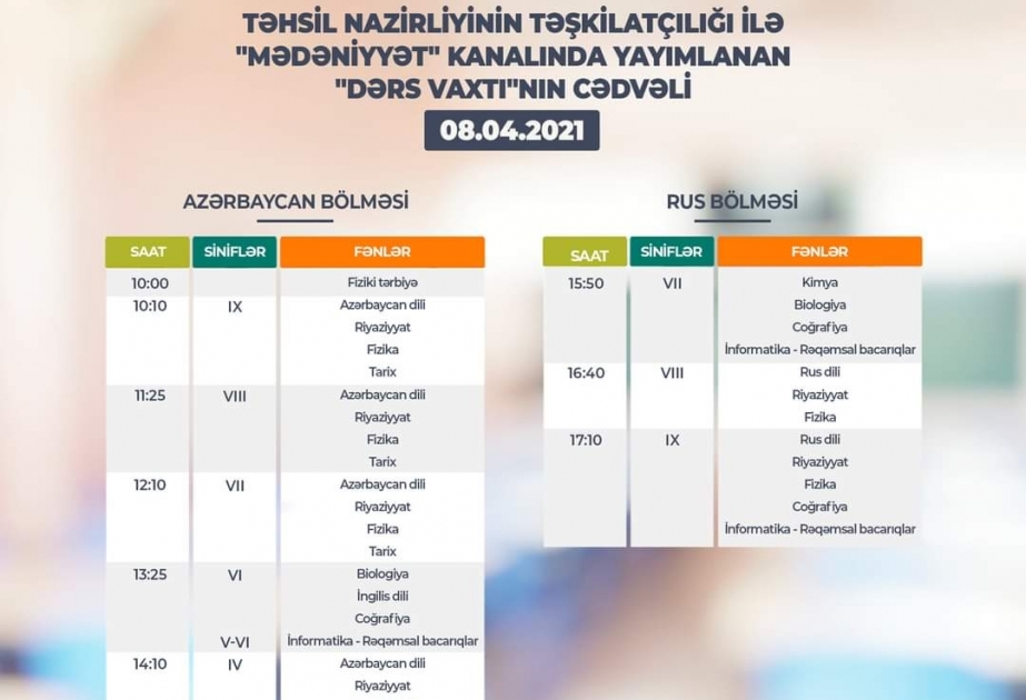 Teledərslərin bu günə olan cədvəli