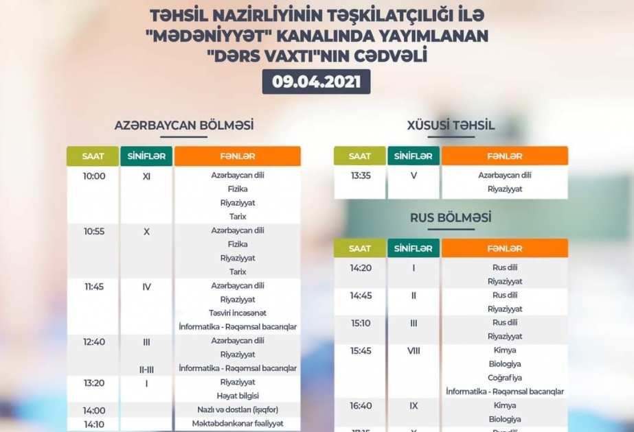 Teledərslərin bu günə olan cədvəli