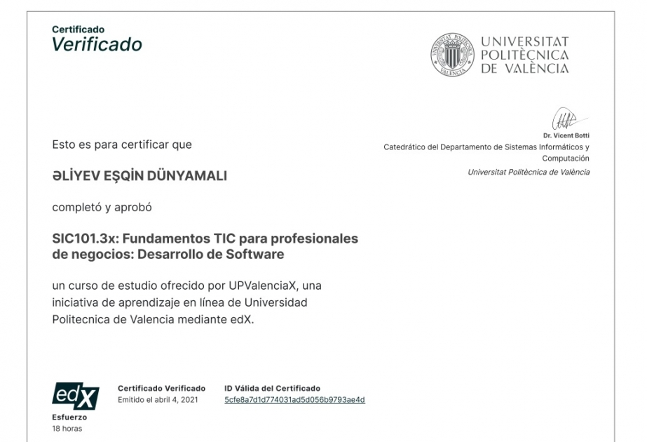 ADAU tələbəsi Vaşinqton və Valensiya Politexnik universitetlərinin sertifikatlarını qazanıb