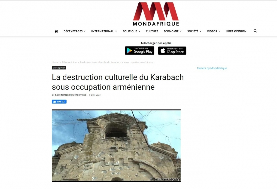 Le site « Mondafrique » écrit du vandalisme arménien