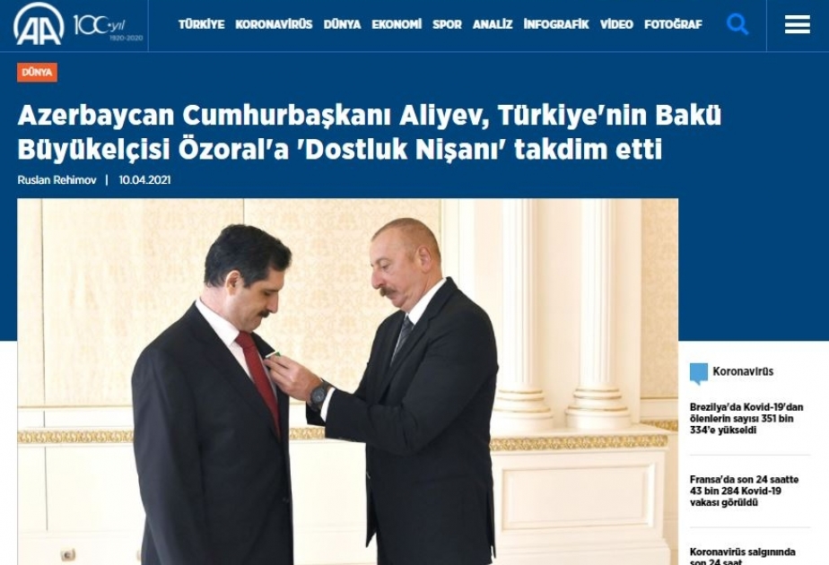 Türkiyə mediası Prezident İlham Əliyevin səfir Erkan Özoralı qəbul etməsini geniş işıqlandırıb