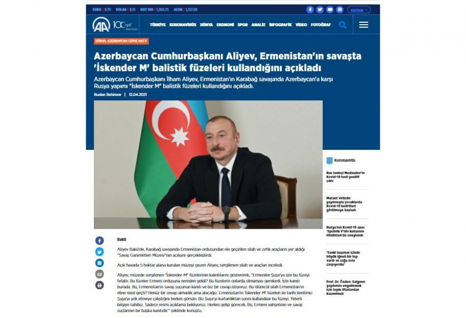 Türkiyə mediası Hərbi Qənimətlər Parkının açılışını geniş işıqlandırıb