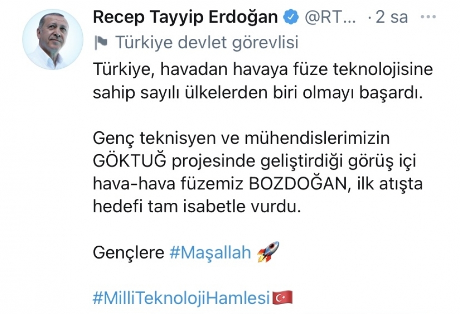 Türkiyə “Bozdoğan” raketini uğurla sınaqdan keçirib