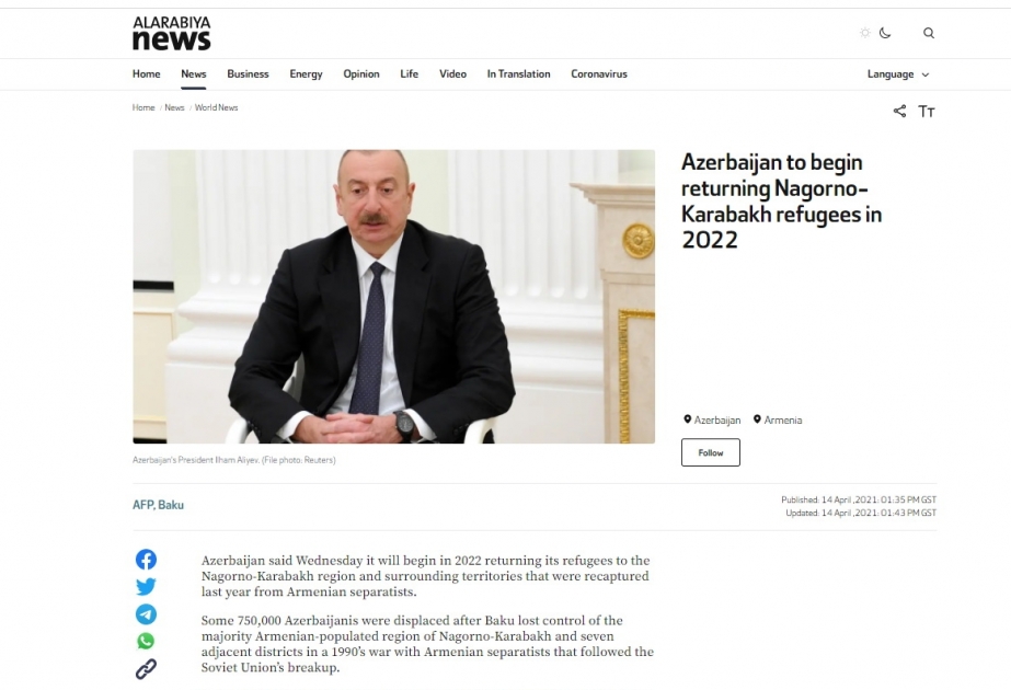 “Alarabia” telekanalı: Azərbaycan 2022-ci ildə köçkünlərin Qarabağa qaytarılmasına başlayacaq