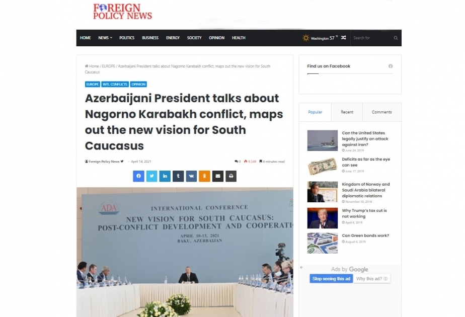 Foreign Policy News highlights President Ilham Aliyev’s remarks during “New Vision for South Caucasus: Post-Conflict Development and Cooperation” international conference