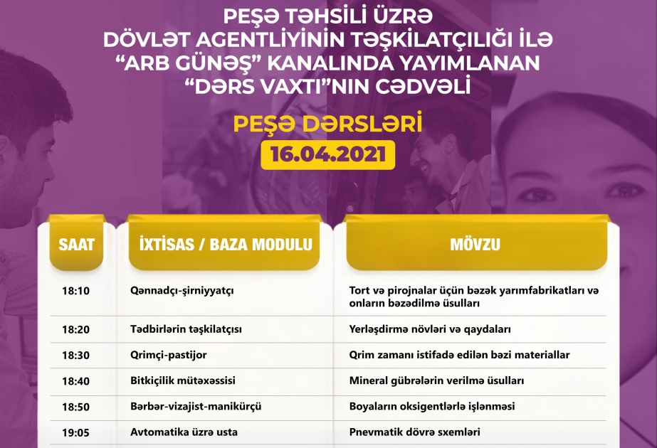 Peşə təhsili üzrə “Dərs vaxtı” proqramının aprelin 16-na olan cədvəli