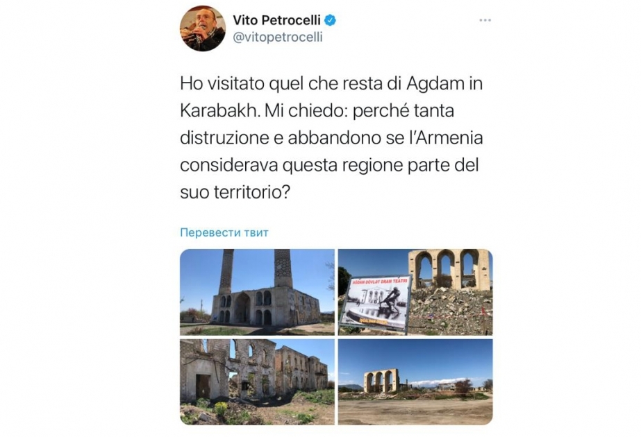 Le sénateur italien Vito Petrocelli a partagé sur Twitter une publication relative à sa visite à Aghdam