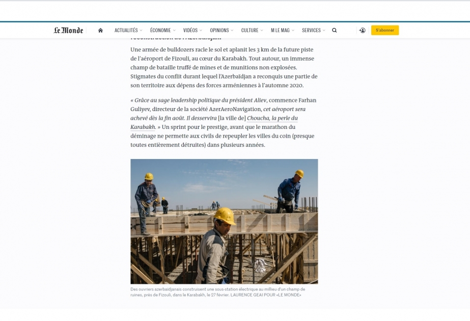 “Le Monde”: Fransanın aparıcı şirkətləri Qarabağda həyata keçirilən böyük layihələrdən kənarda qalmaqdan ehtiyat edirlər