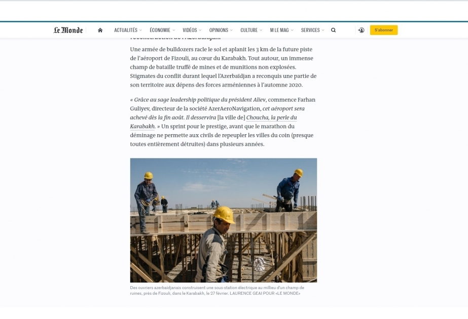 Le Monde: "Las principales empresas francesas tienen la preocupación de no participar en los grandes proyectos de Karabaj"