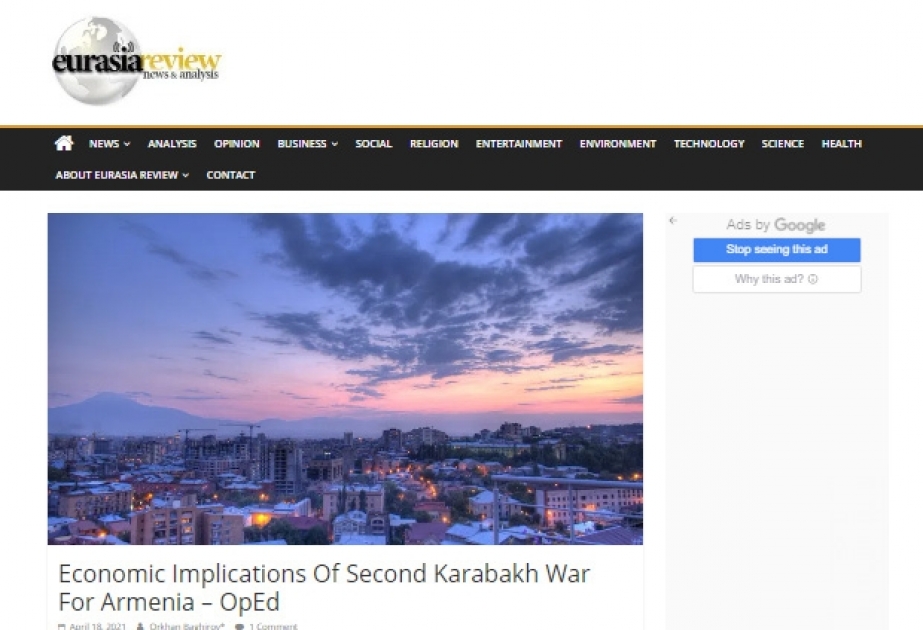 “Eurasia Review”: İkinci Qarabağ müharibəsi Ermənistan üçün ciddi iqtisadi problemlər yaradıb