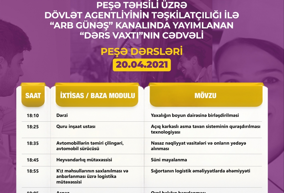 Peşə təhsili üzrə “Dərs vaxtı” proqramının aprelin 20-nə olan cədvəli