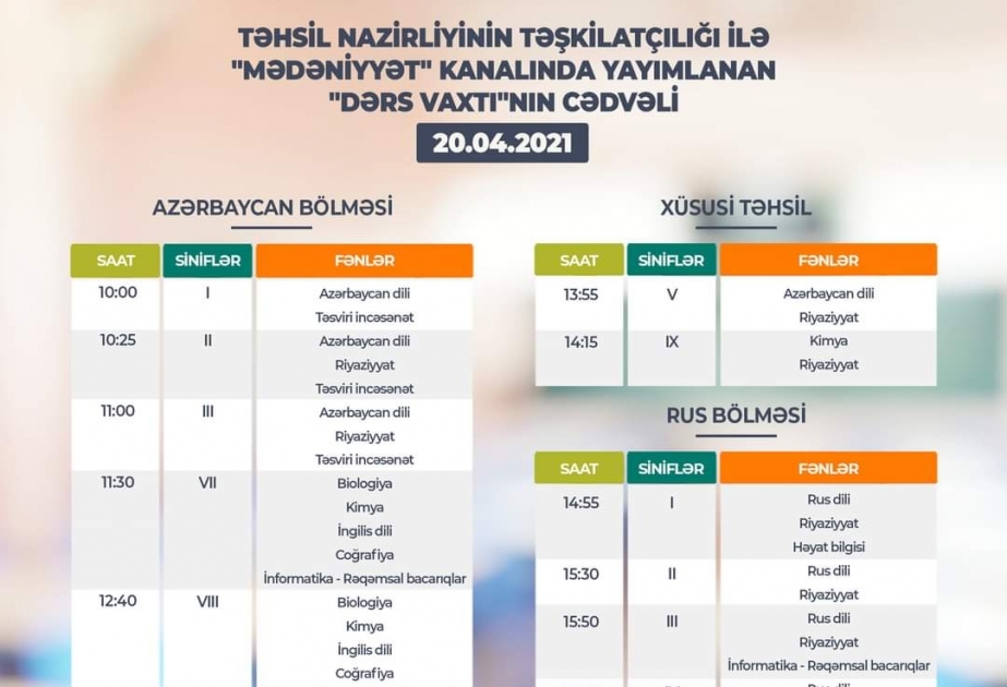 Teledərslərin bu günə olan cədvəli