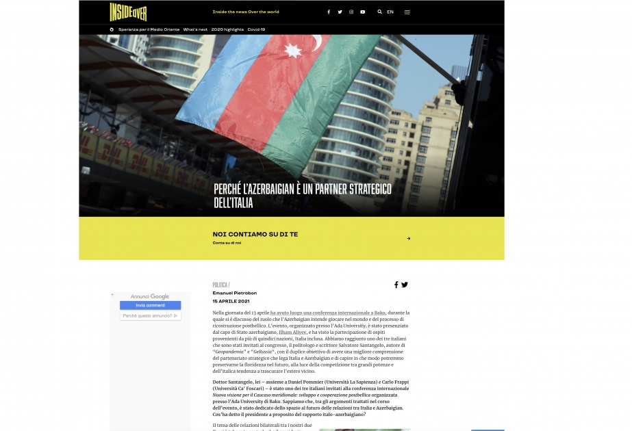 İtaliya portalı: Azərbaycan İtaliyanın strateji tərəfdaşıdır