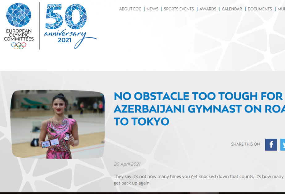 Avropa Olimpiya Komitəsinin saytında azərbaycanlı gimnastın qələbə əzmindən bəhs edən məqalə yer alıb