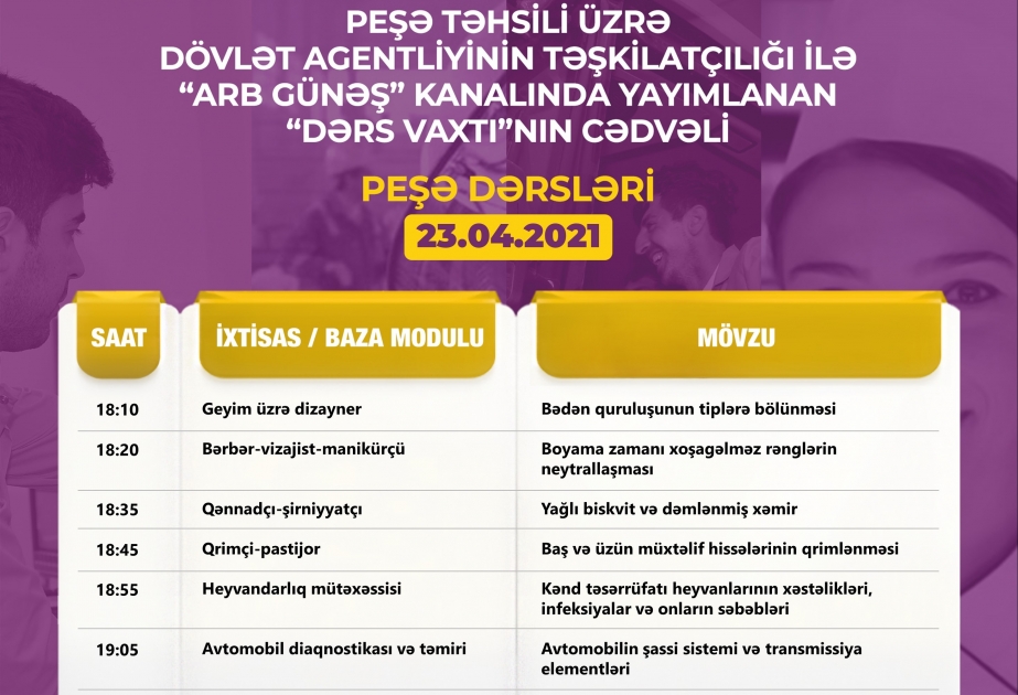 Peşə təhsili üzrə “Dərs vaxtı” proqramının aprelin 23-nə olan cədvəli