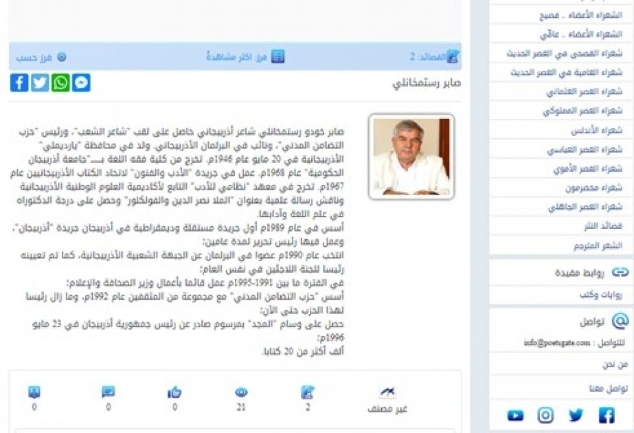 Sabir Rüstəmxanlı yaradıcılığı Türkiyə və Oman ədəbiyyat portallarında