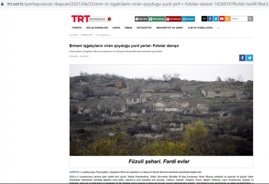 AZƏRTAC-ın işğaldan azad edilmiş ərazilərimizdən hazırladığı məqalə TRT radiosunun saytında yerləşdirilib
