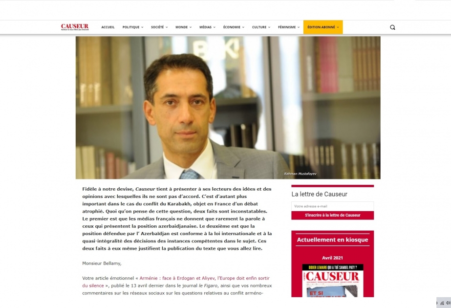 Fransa portalında Azərbaycan səfirinin ermənipərəst siyasətçilərə cavab məqaləsi dərc olunub