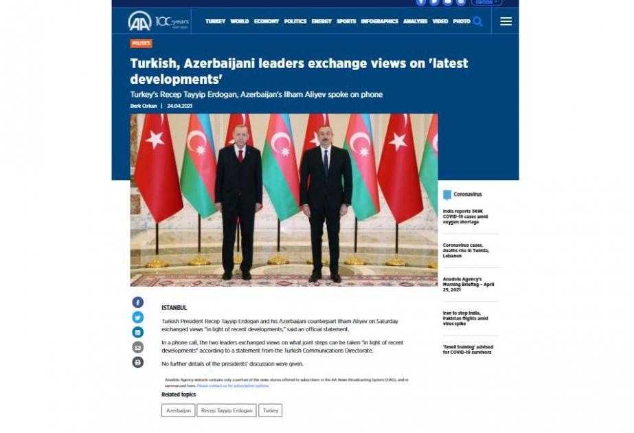 Türkiyə mediası iki qardaş ölkə prezidentlərinin telefon danışığını geniş işıqlandırıb