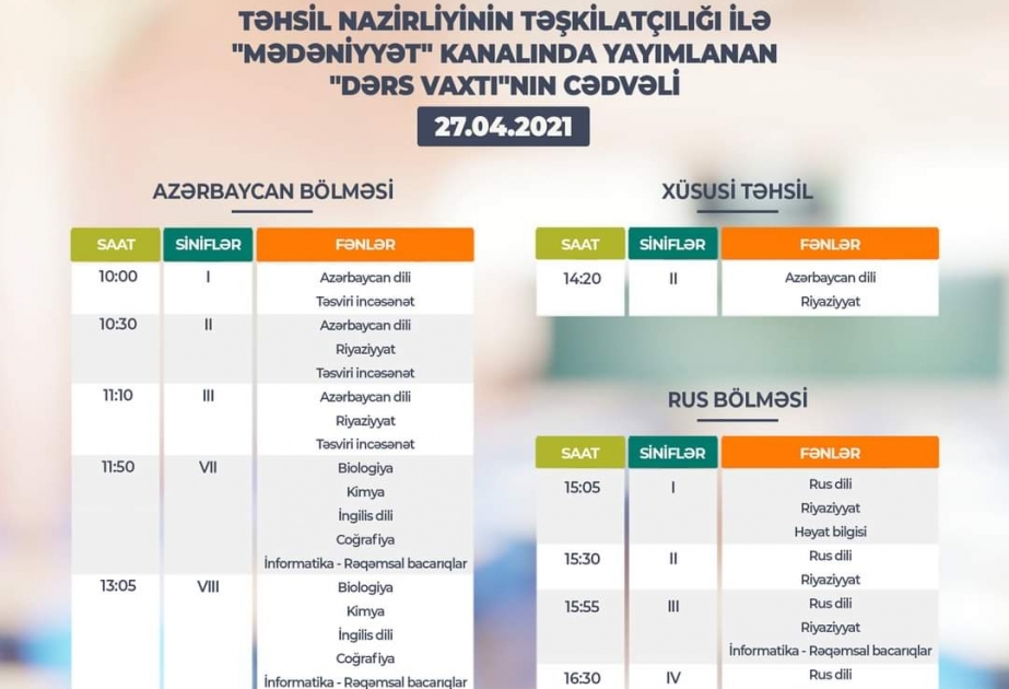 Teledərslərin aprelin 27-nə olan cədvəli