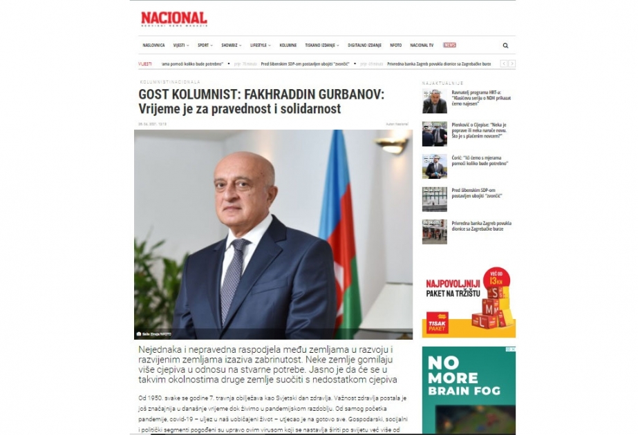 Xorvatiya mətbuatı Azərbaycanın COVID-19 pandemiyasına qarşı mübarizəsi barədə məqalə yayıb