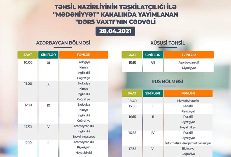 Teledərslərin bu günə olan cədvəli