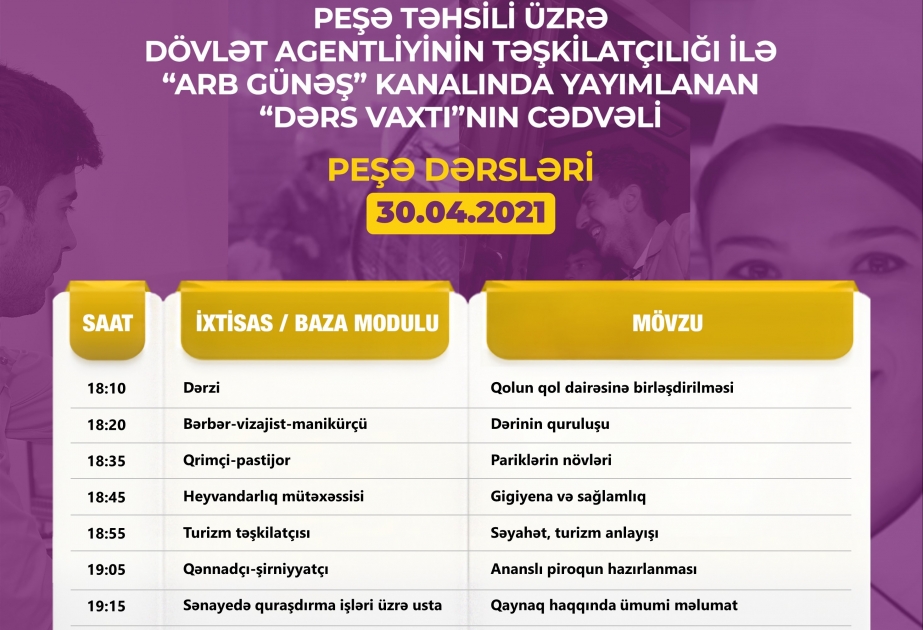 Peşə təhsili üzrə “Dərs vaxtı”nın bu günə olan cədvəli