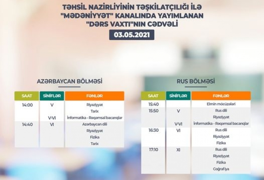 Teledərslərin mayın 3-nə olan cədvəli açıqlanıb