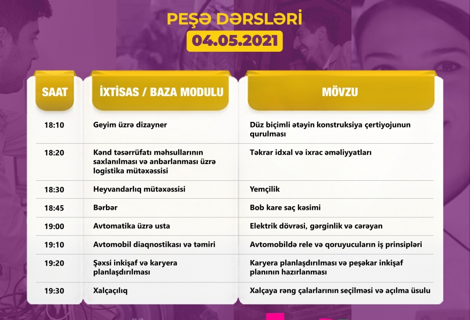 Peşə təhsili üzrə “Dərs vaxtı”nın mayın 4-nə olan cədvəli