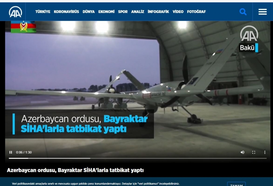 Anadolu agentliyi Ordumuzun PUA heyətlərinin təlim-məşq uçuşları barədə məlumat yayıb