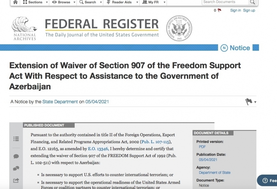 El diario oficial del gobierno de Estados Unidos publica una orden que suspende temporalmente la enmienda 907 de la Ley de Apoyo a la Libertad