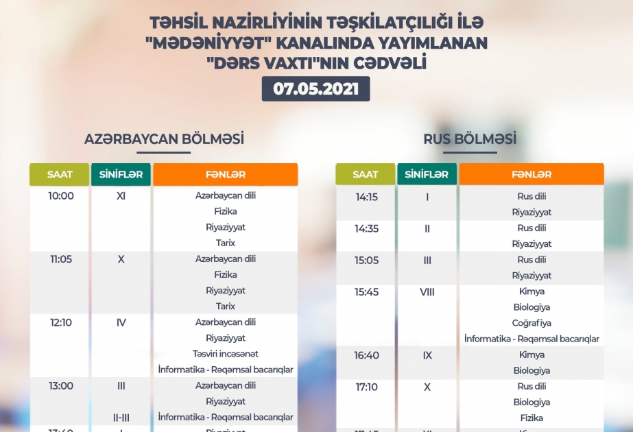 Teledərslərin mayın 7-nə olan cədvəli