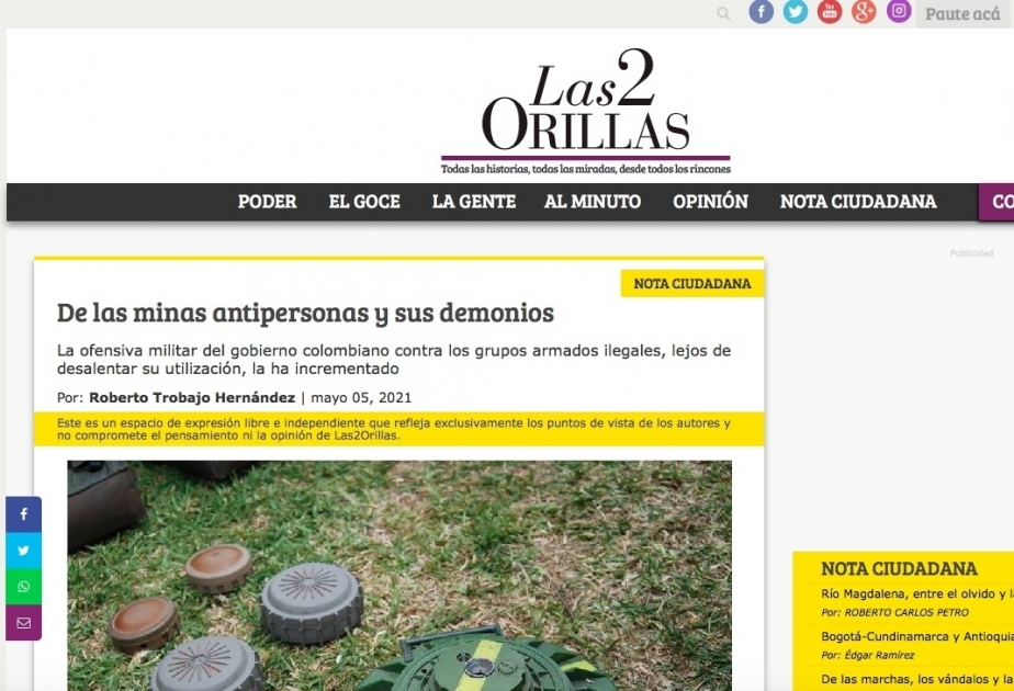La prensa colombiana escribe sobre la plantación masiva de minas por Armenia en Karabaj