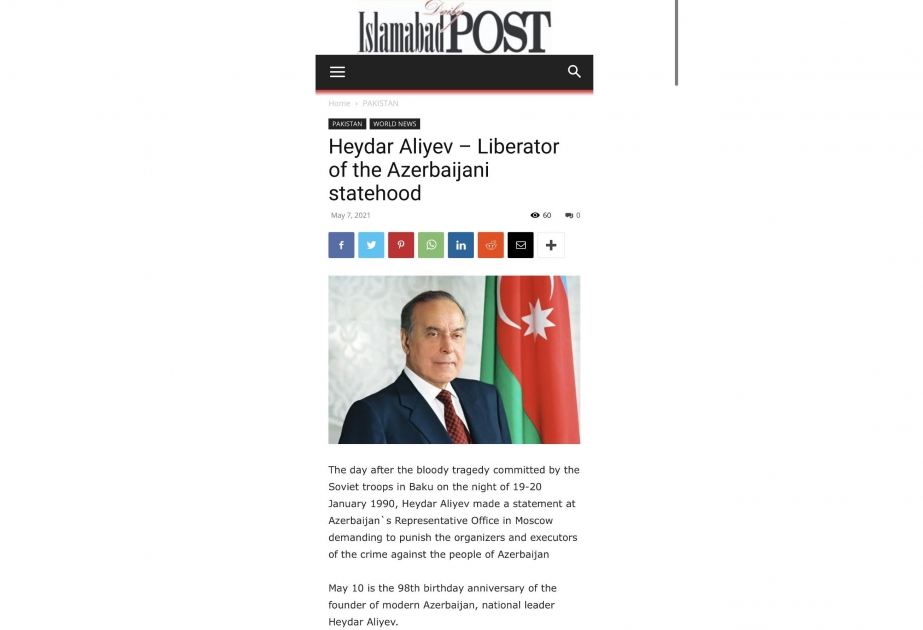 Ulu öndər Heydər Əliyevin anadan olmasının 98-ci ildönümü ilə əlaqədar Pakistan qəzetlərində məqalələr dərc edilib