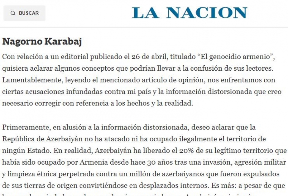 Argentina qəzetində ermənilərin ölkəmizə qarşı yaydığı yalanları ifşa edən məqalə dərc edilib