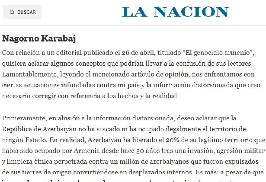 En el diario argentino se revelan las mentiras difundidas por los armenios contra Azerbaiyán