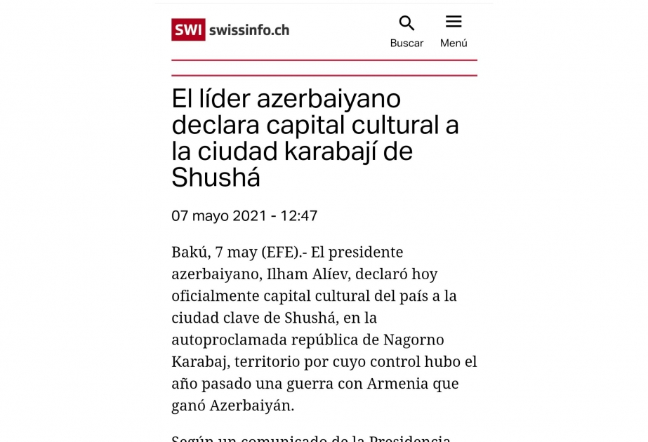 Швейцарское издание пишет об объявлении Президентом Азербайджана Шуши культурной столицей