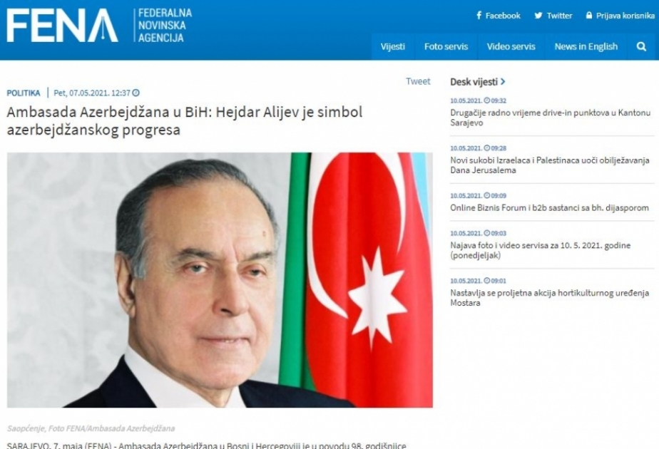 La agencia de noticias bosnia publicó un artículo sobre el líder nacional Heydar Aliyev