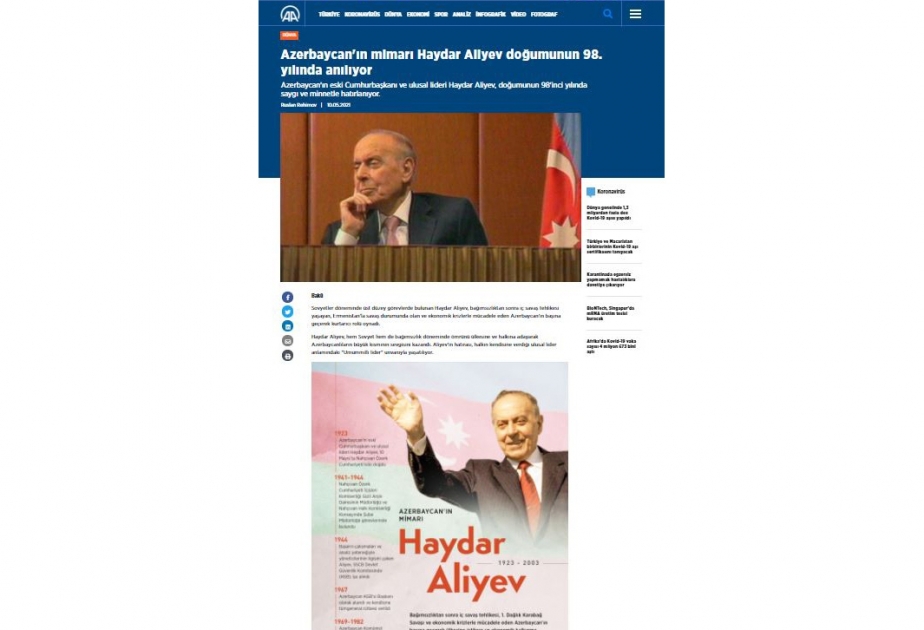 Anadolu agentliyi: Azərbaycanın memarı Heydər Əliyev 98 yaşında anılır