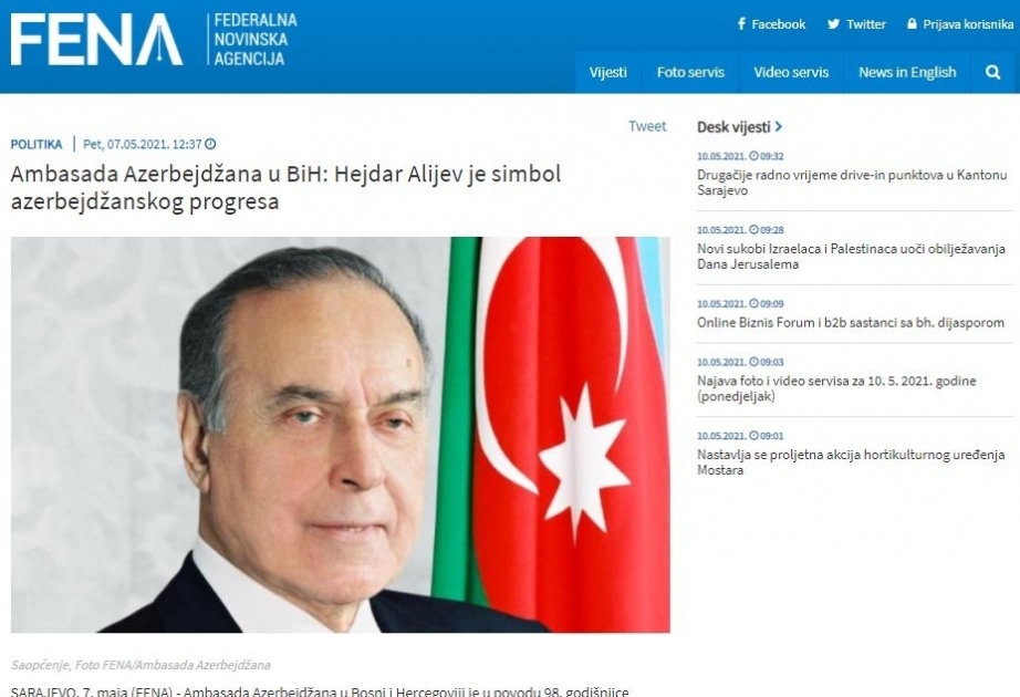 Bosniya xəbər agentliyi ümummilli lider Heydər Əliyev haqqında məqalə dərc edib