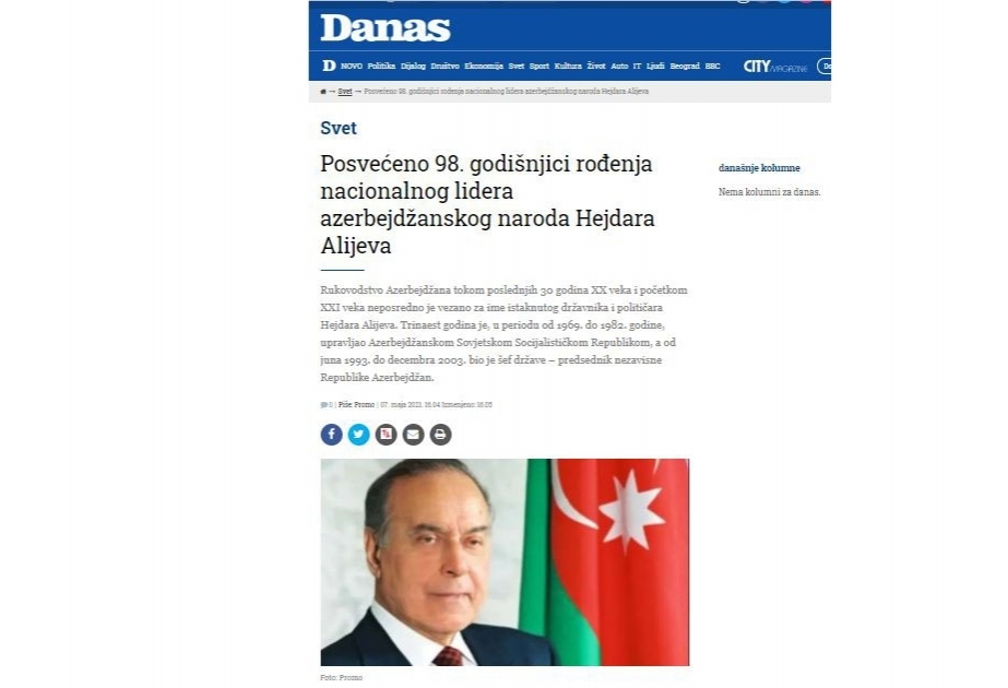 Serbiya nəşrində Heydər Əliyevin həyat yolu haqqında söhbət açılıb