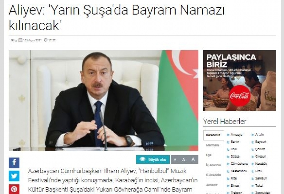 Türkiyə mediası Prezident İlham Əliyevin Şuşaya səfərini geniş işıqlandırıb